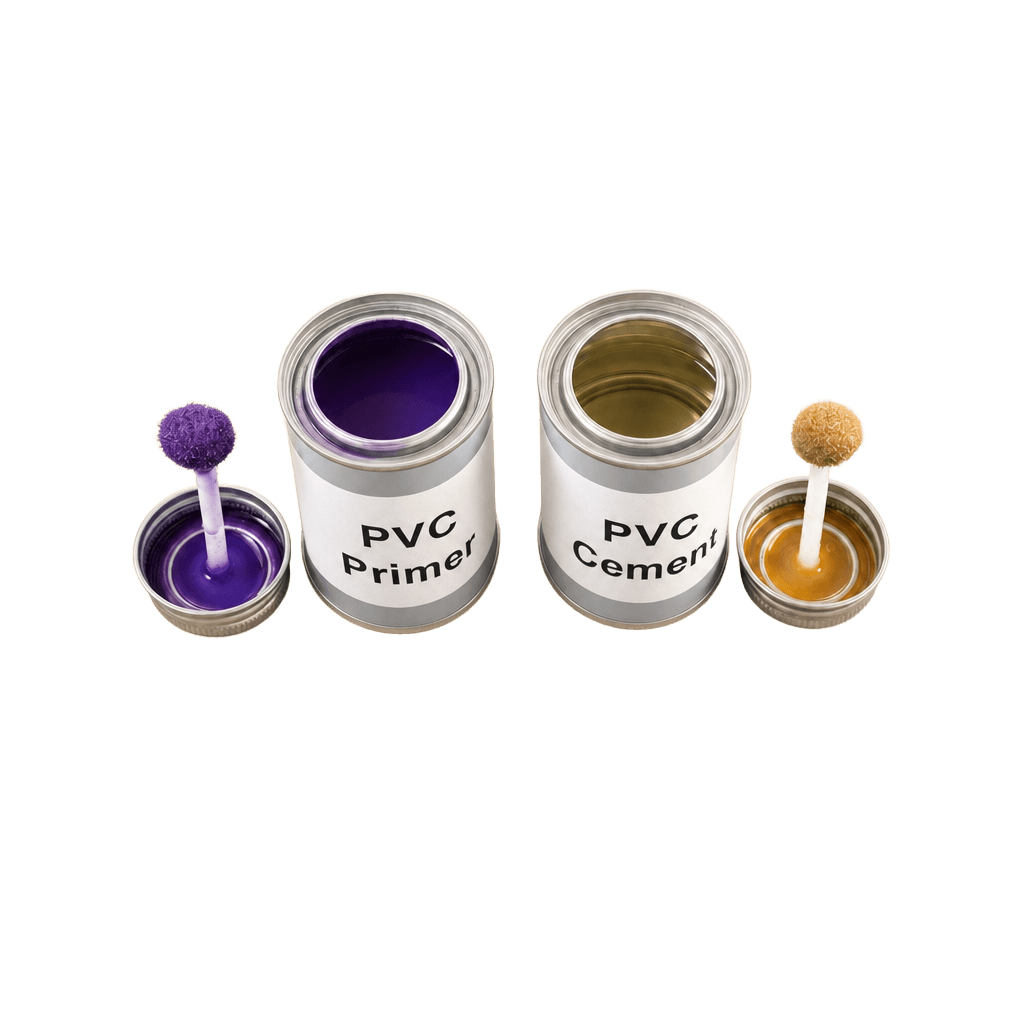Open tins of purple PVC primer and clear cement with dauber applicators.