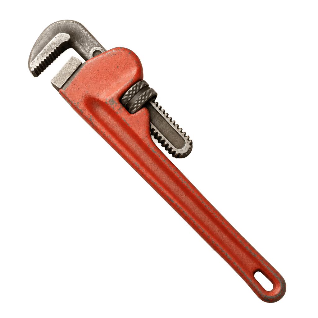 A worn red pipe wrench, cut out against a transparency checkerboard.