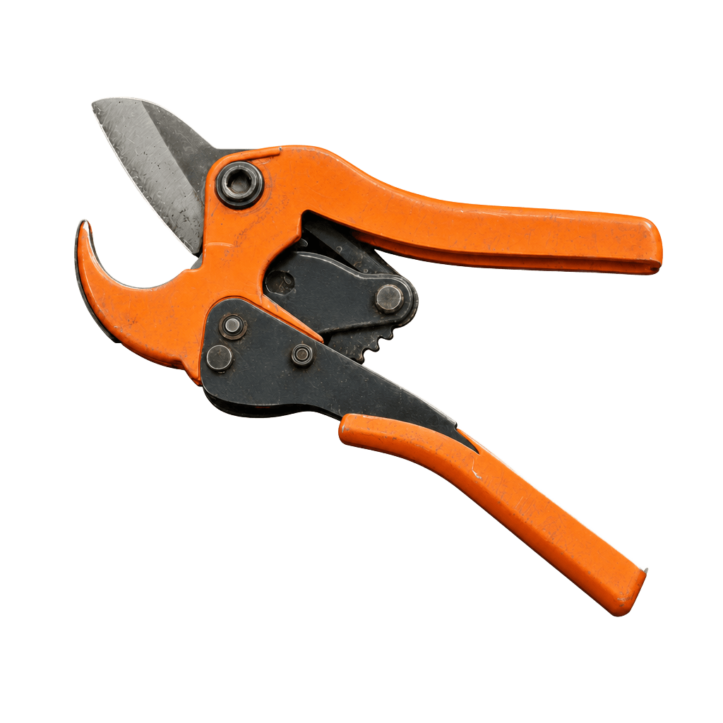 An orange-handled ratcheting PVC cutter.