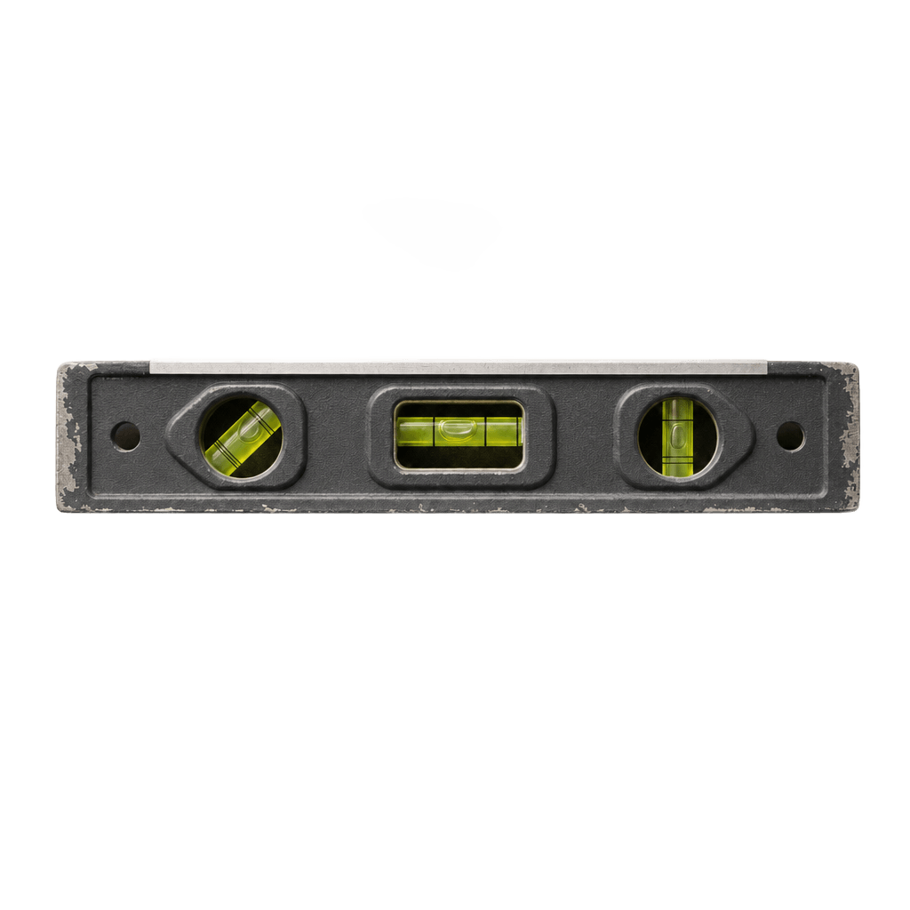 A torpedo level with green vials.
